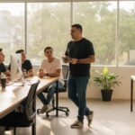 Pepe Berzunza con playera negra y jeans, caminando por un mercado de Campeche al atardecer, dialogando con jóvenes emprendedores y simbolizando liderazgo cercano e innovación desde la Escuela de la Calle.