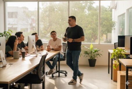 Pepe Berzunza con playera negra y jeans, caminando por un mercado de Campeche al atardecer, dialogando con jóvenes emprendedores y simbolizando liderazgo cercano e innovación desde la Escuela de la Calle.