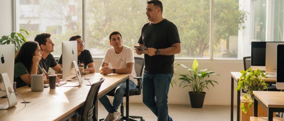 Pepe Berzunza con playera negra y jeans, caminando por un mercado de Campeche al atardecer, dialogando con jóvenes emprendedores y simbolizando liderazgo cercano e innovación desde la Escuela de la Calle.
