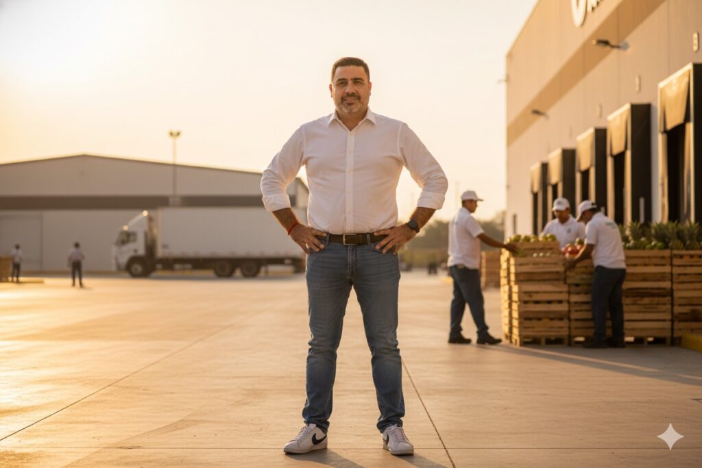 Pepe Berzunza en una zona agroindustrial de Campeche, observando la actividad productiva local y simbolizando el liderazgo en la transformación económica y la diversificación del desarrollo regional.