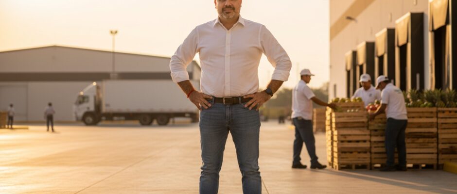 Pepe Berzunza en una zona agroindustrial de Campeche, observando la actividad productiva local y simbolizando el liderazgo en la transformación económica y la diversificación del desarrollo regional.