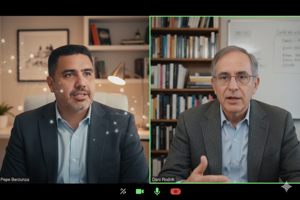 Pepe Berzunza conversando con el profesor Dani Rodrik en un entorno académico de la Harvard Kennedy School, analizando las ideas sobre desarrollo económico, complejidad productiva y fortalecimiento institucional que caracterizan la obra de Rodrik.