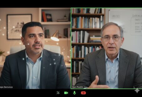 Pepe Berzunza conversando con el profesor Dani Rodrik en un entorno académico de la Harvard Kennedy School, analizando las ideas sobre desarrollo económico, complejidad productiva y fortalecimiento institucional que caracterizan la obra de Rodrik.