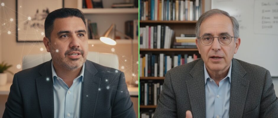 Pepe Berzunza conversando con el profesor Dani Rodrik en un entorno académico de la Harvard Kennedy School, analizando las ideas sobre desarrollo económico, complejidad productiva y fortalecimiento institucional que caracterizan la obra de Rodrik.