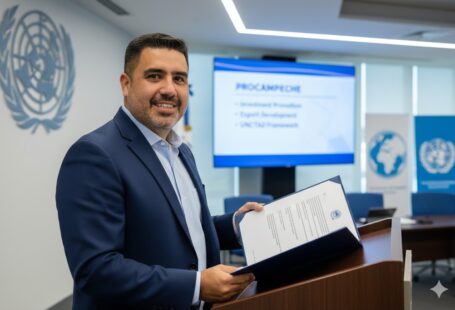 “Pepe Berzunza presentando el diseño institucional de PROCAMPECHE, inspirado en los programas de promoción de inversiones y exportaciones de la UNCTAD.”