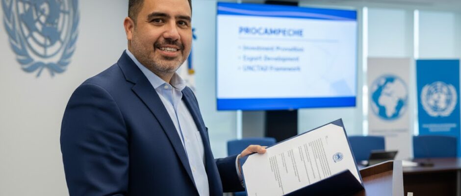 “Pepe Berzunza presentando el diseño institucional de PROCAMPECHE, inspirado en los programas de promoción de inversiones y exportaciones de la UNCTAD.”