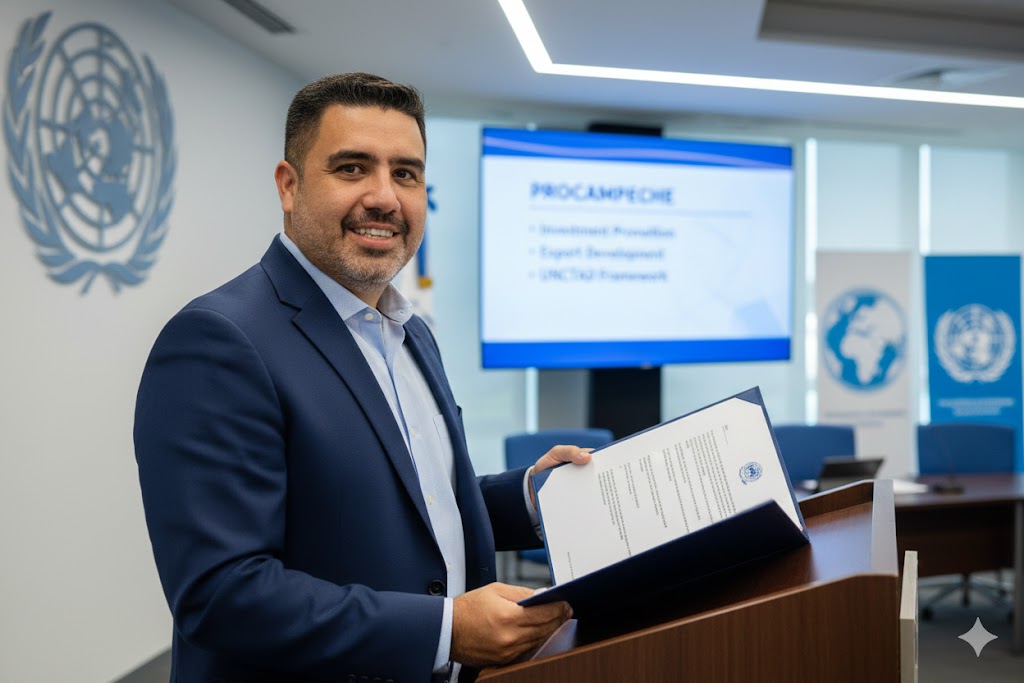 “Pepe Berzunza presentando el diseño institucional de PROCAMPECHE, inspirado en los programas de promoción de inversiones y exportaciones de la UNCTAD.”

