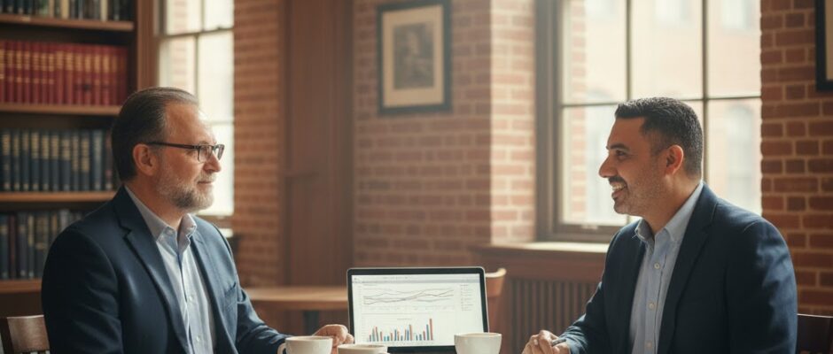 Pepe Berzunza platicando con el Dr. Ricardo Hausmann sobre la teoría de la complejidad económica y el valor del know-how productivo como herramienta para el desarrollo sostenible e institucional de las ciudades.