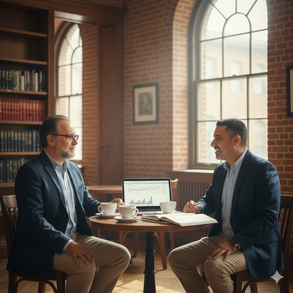Pepe Berzunza platicando con el Dr. Ricardo Hausmann sobre la teoría de la complejidad económica y el valor del know-how productivo como herramienta para el desarrollo sostenible e institucional de las ciudades.