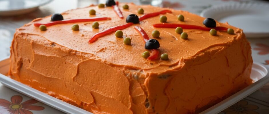 Sándwichón campechano decorado con pimientos morrones naranjas, cubierto con betún salado, presentado en estilo tradicional campechano.