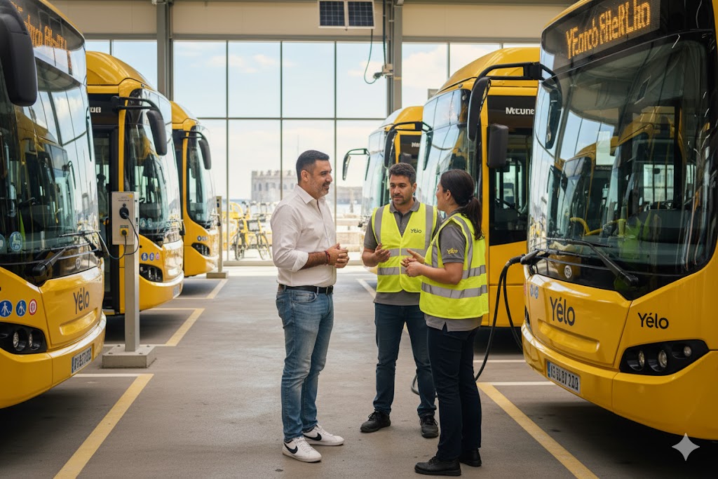 Pepe Berzunza durante su visita a La Rochelle en 2018, conversando con personal técnico de Yélo a bordo de un ferry eléctrico, como parte del acuerdo de cooperación México-Francia en movilidad e innovación sostenible.