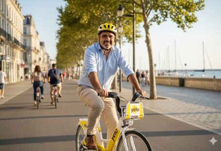 Pepe Berzunza visitando el sistema de movilidad Yélo en La Rochelle, observando la infraestructura multimodal de transporte público, bicicletas y logística urbana sostenible, en un entorno europeo moderno y eficiente.