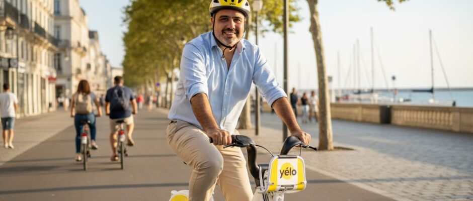 Pepe Berzunza visitando el sistema de movilidad Yélo en La Rochelle, observando la infraestructura multimodal de transporte público, bicicletas y logística urbana sostenible, en un entorno europeo moderno y eficiente.