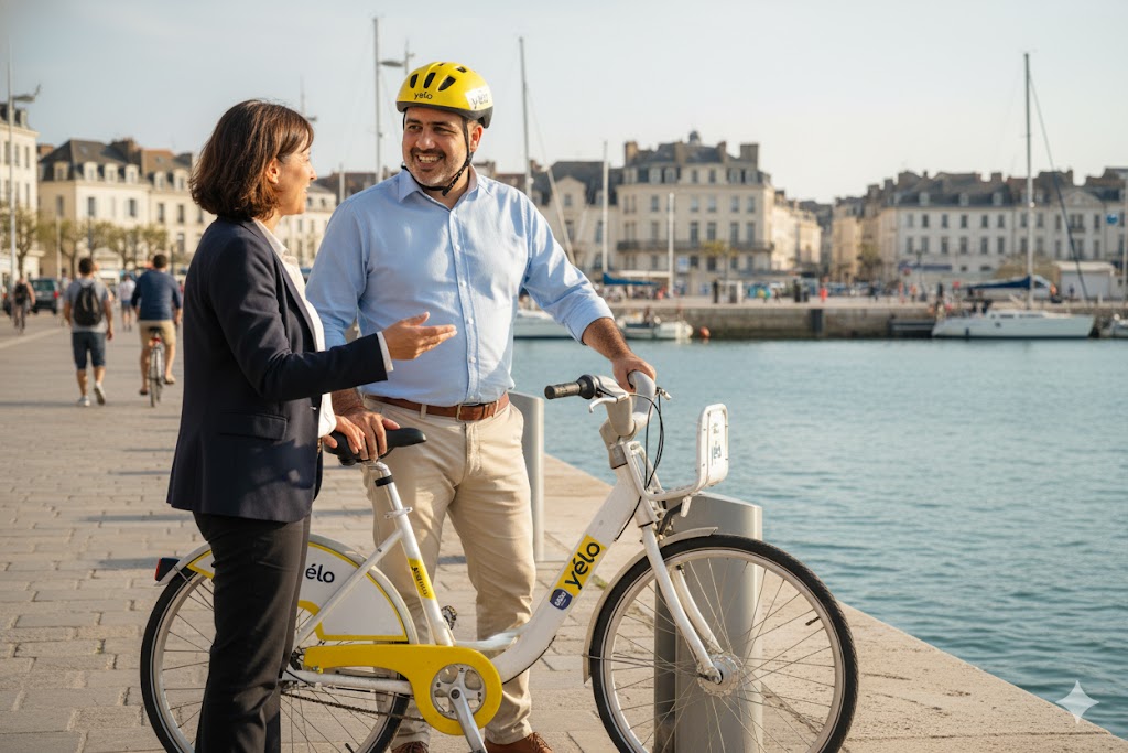 Pepe Berzunza visitando el sistema de movilidad Yélo en La Rochelle, observando la infraestructura multimodal de transporte público, bicicletas y logística urbana sostenible, en un entorno europeo moderno y eficiente.