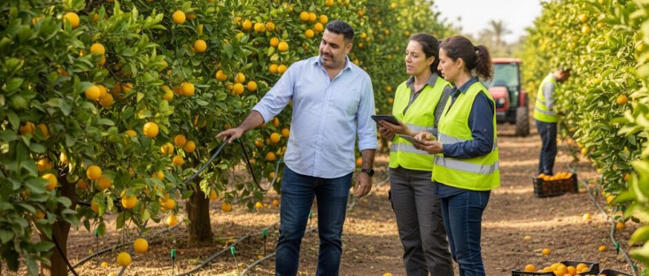 Pepe Berzunza visitando un moshav en Israel durante la misión comercial Campeche–Israel 2015, observando parcelas de cítricos, sistemas de riego por goteo y tecnología agrícola cooperativa.”