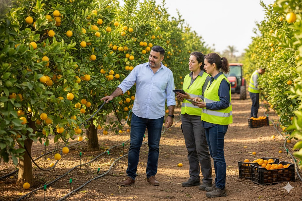 Pepe Berzunza visitando un moshav en Israel durante la misión comercial Campeche–Israel 2015, observando parcelas de cítricos, sistemas de riego por goteo y tecnología agrícola cooperativa.”