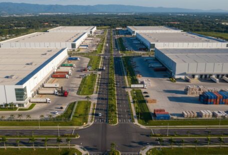 Imagen ilustrativa de un parque industrial moderno en el Valle de Sula, representando el complejo Green Valley de Honduras, un ejemplo destacado de política industrial orientada a la exportación y desarrollo productivo en Centroamérica.