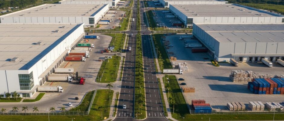 Imagen ilustrativa de un parque industrial moderno en el Valle de Sula, representando el complejo Green Valley de Honduras, un ejemplo destacado de política industrial orientada a la exportación y desarrollo productivo en Centroamérica.