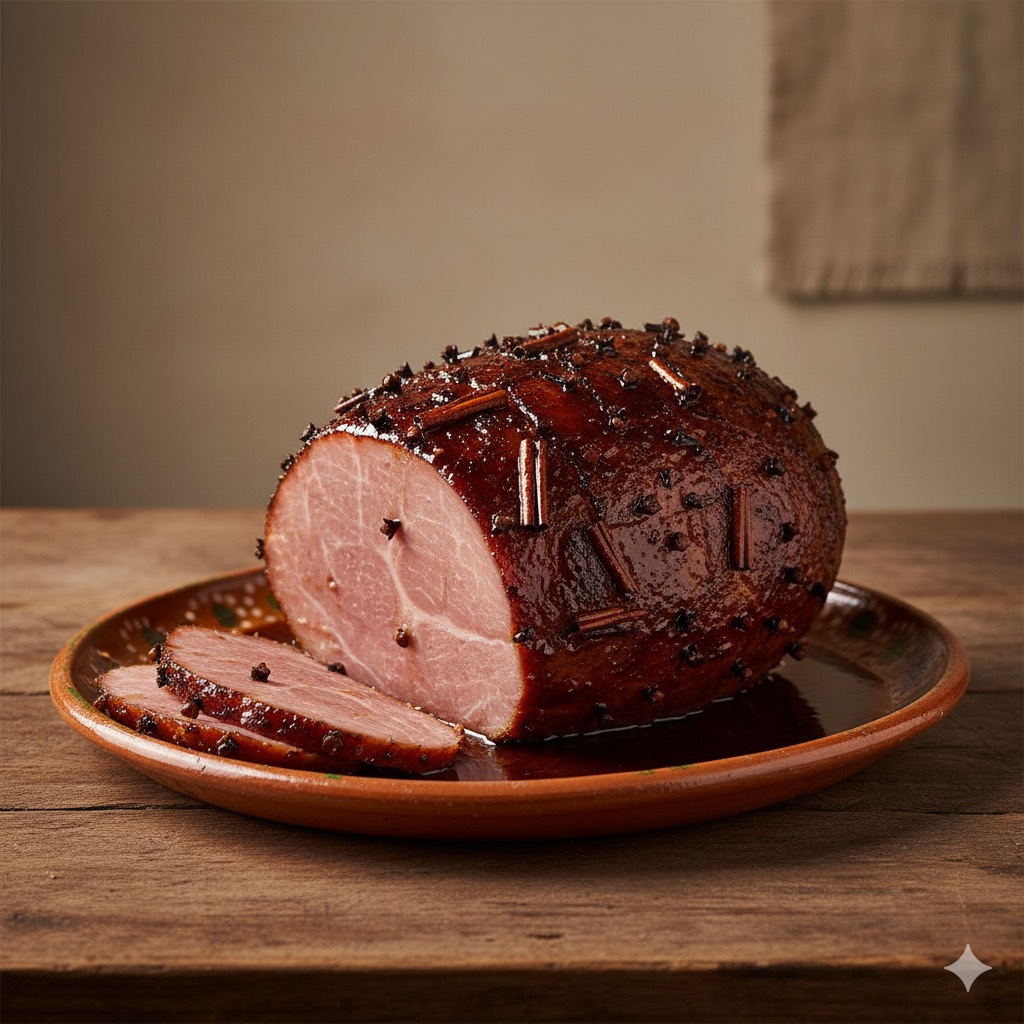 Jamón claveteado campechano tradicional, glaseado con azúcar caramelizada y jerez, claveteado con clavos de olor y canela, preparado según la receta de Campeche a través de su sazón de Lolina Echeverría Lanz.