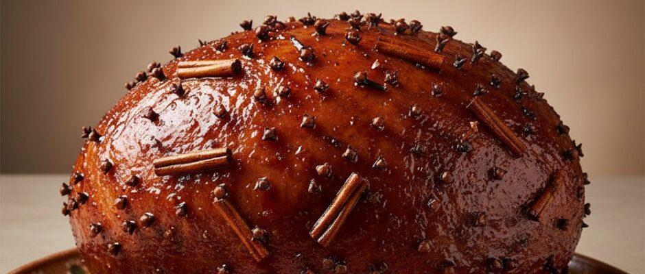 Jamón claveteado campechano tradicional, glaseado con azúcar caramelizada y jerez, claveteado con clavos de olor y canela, preparado según la receta de Campeche a través de su sazón de Lolina Echeverría Lanz.