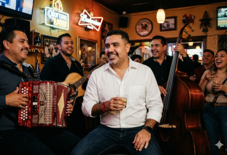 Pepe Berzunza con grupo de corrido norteño en cantina mexicana.