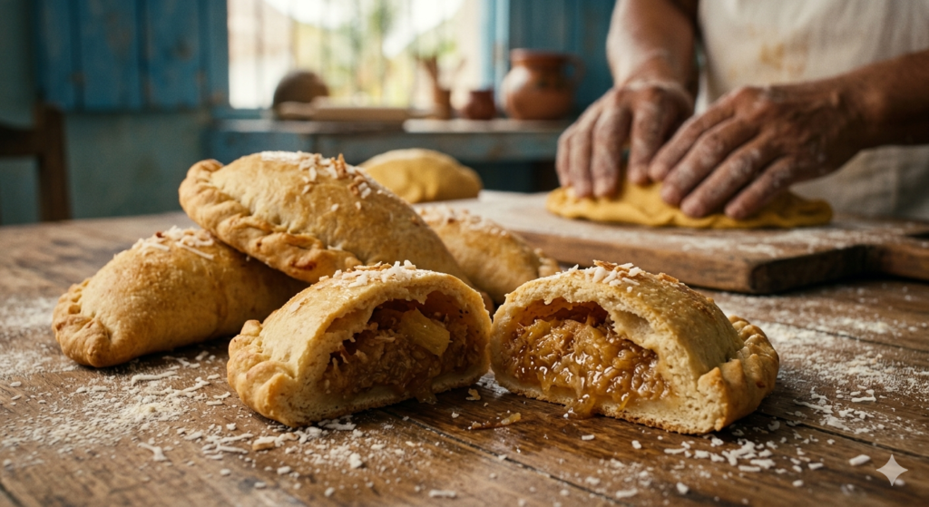 mpanadas doradas de coco con piña sobre base de madera con ingredientes naturales del sureste.