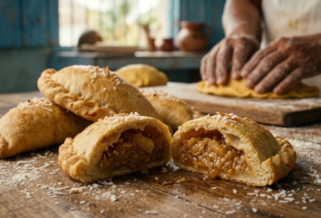mpanadas doradas de coco con piña sobre base de madera con ingredientes naturales del sureste.