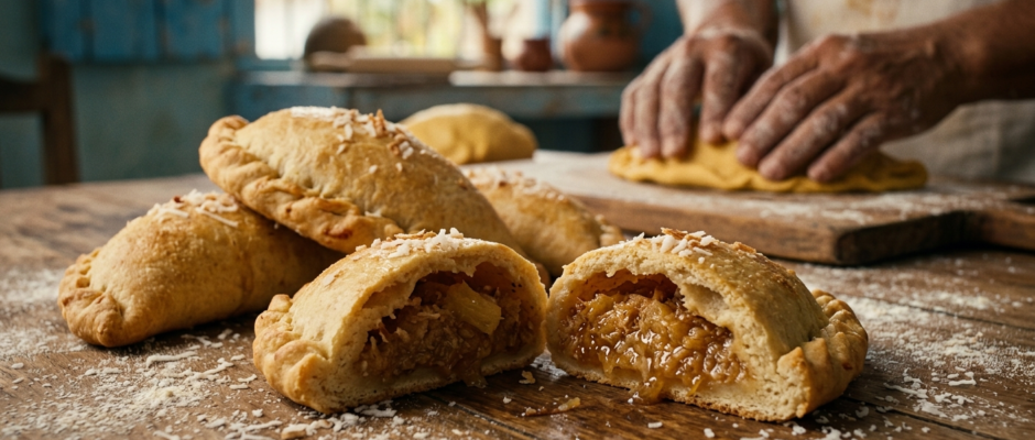 mpanadas doradas de coco con piña sobre base de madera con ingredientes naturales del sureste.